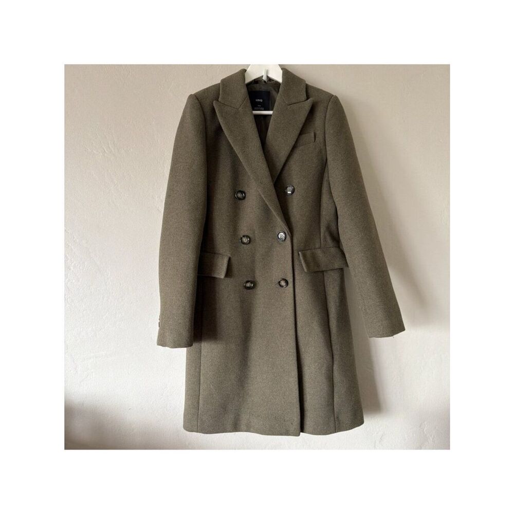 MANGO Double-Breasted Wool Blend Olive Green Women's Midi Coat Size MED